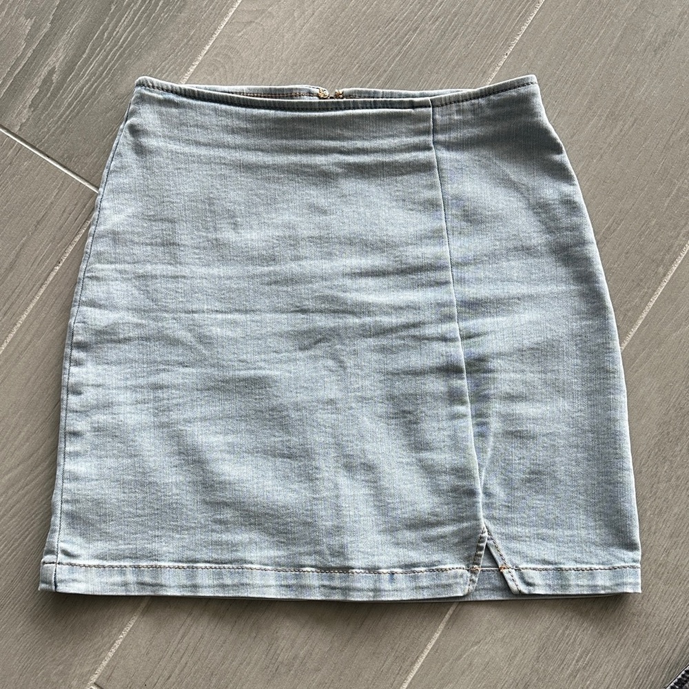 Light Blue Denim Mini Skirt with Front Slit